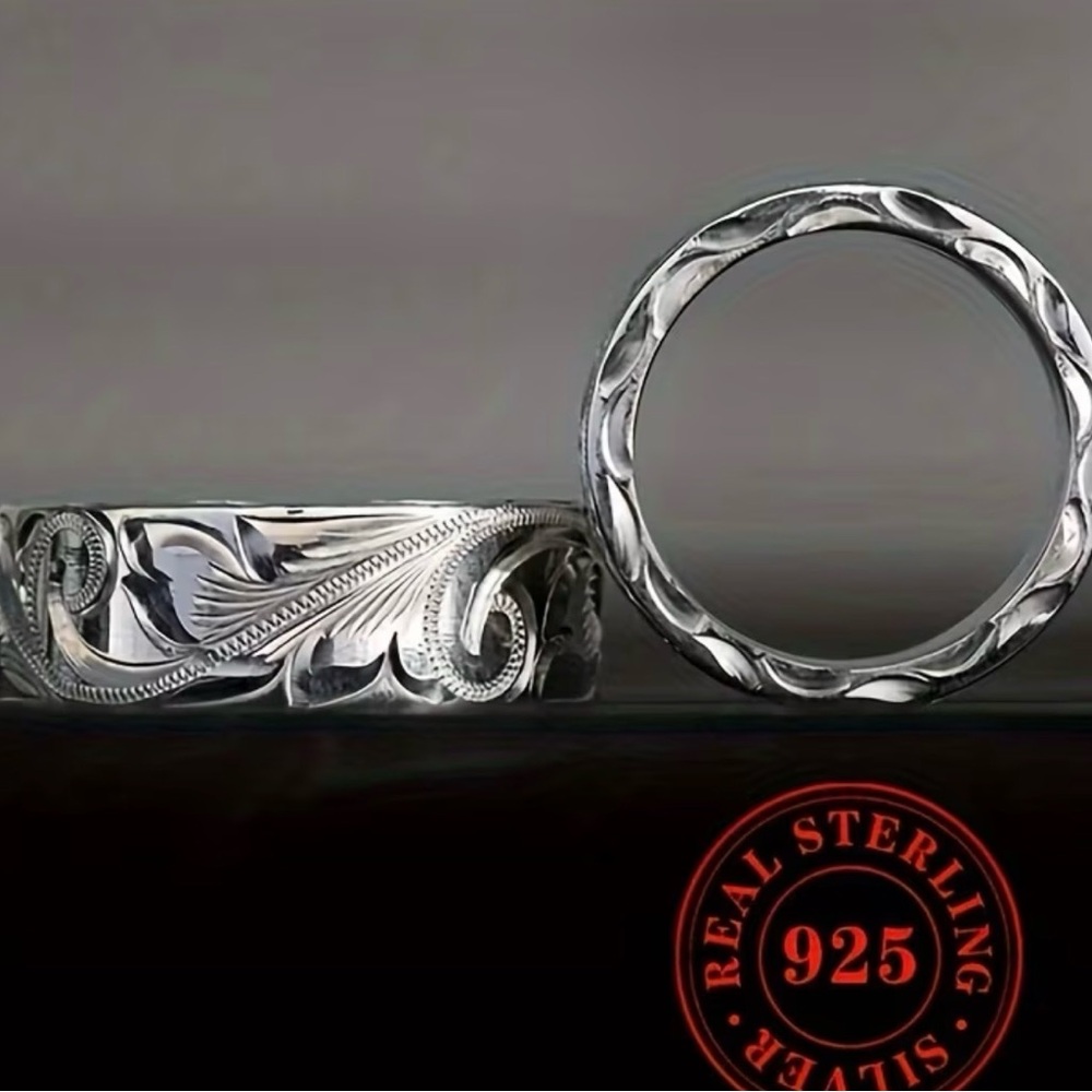 This is a sterling silver carved leaf hand-engraved men ring - Picture 15 of 16